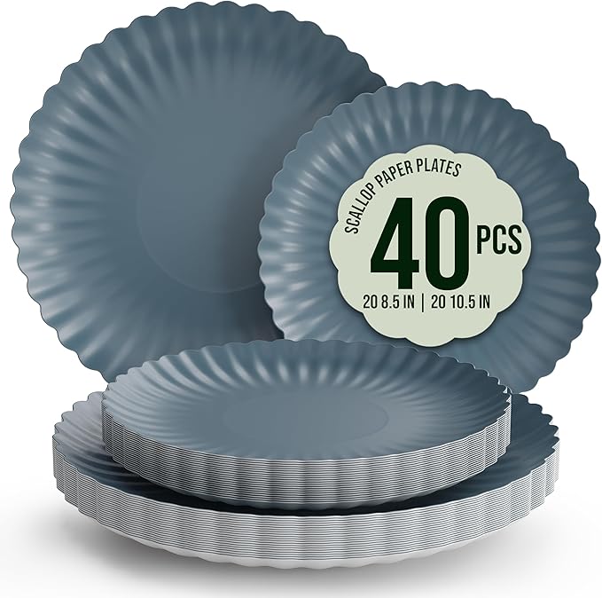 Trendables Scalloped Paper Plates 8.5 Inch & 10.5 Inch 40 Pcs Dinner Plate Set Fancy Disposable Plates for Party for 20 Guests 20 X 8 & 20 X 10 Large & Small Paper Plate Set for Parties Slate Blue