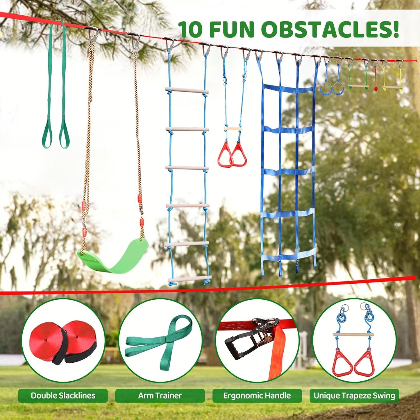 Ninja Warrior Obstacle Course for Kids Backyard - 2×65ft Slackline Kit with 10 Most Complete Accessories for Boys & Girls, Swing, Rope Ladder, Gymnastic Ring, Climbing Net, Arm Trainer and Monkey Fist