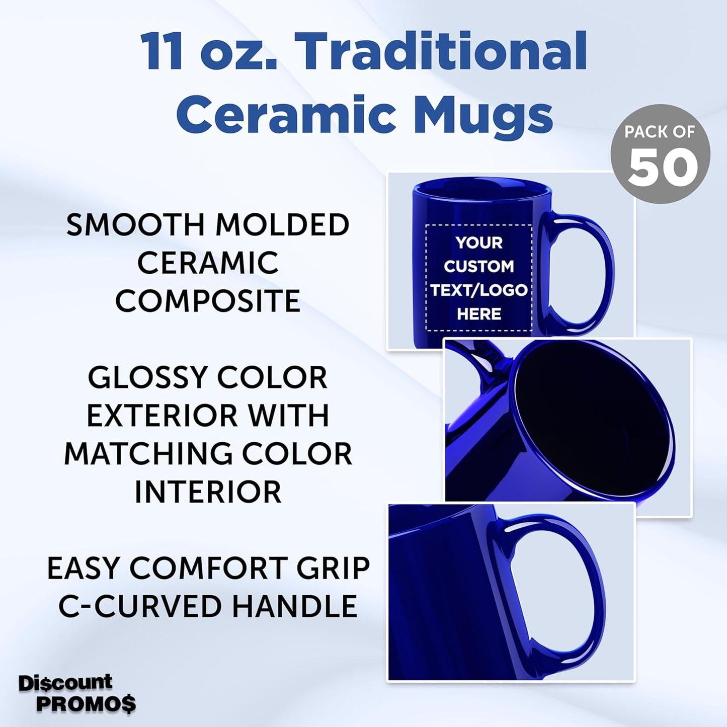 Custom Ceramic Coffee Mugs 11 oz. Set of 50, Personalized Bulk Pack - Coffee cup set, Iced coffee cup, Gaming mug - Cobalt Blue