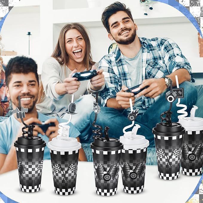 Yungyan 36 Sets Checkered Flag Party Favors Goodie Cups with Lids and Straws for Birthday Decorations Reusable 16oz Plastic Candy Cups Plastic Straws for Birthday Party (Checkered Flag)