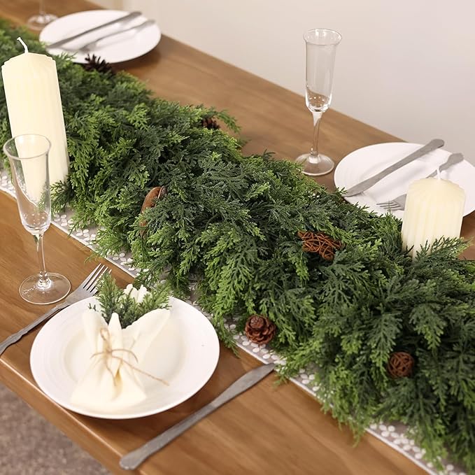 9FT Real Touch Cedar Garland - Artificial Christmas Garland Fake Green Faux Thick and Lush Pine Needles Garlands for Table Fireplace Mantle Holiday Home Indoor Outdoor Decor (2PCS)
