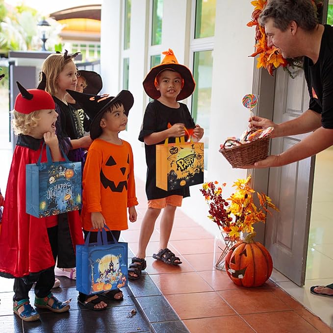 AhfuLife 16 Pcs Halloween Trick or Treat Bags, Candy Tote Bags with Handles, Reusable Non-Woven Gift Bag for Halloween Party Supplies Favors (7.8×7.8×3.1’’)