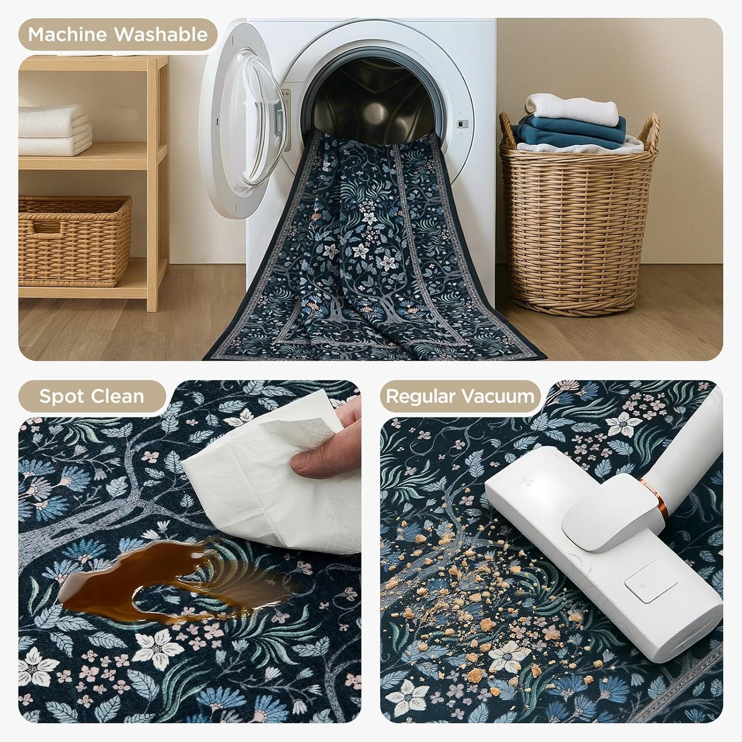 Joydeco Floral Living Room Rugs, Washable Large Bedroom Rug 8x10 Under Bed Non Slip, Soft Forest Botanical Low-Pile Floor Indoor Throw Carpet for Dining Table Home Office, Blue-Black