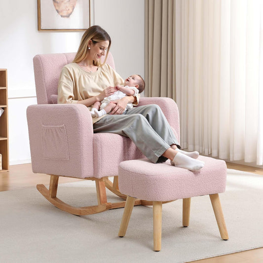Rocking Chair with Ottoman, Upholstered Nursing Glider Rocker with High Backrest and Side Pocket, Comfy Reading Chair with Solid Wood Legs for Nursery/Living Room/Bedroom Pink