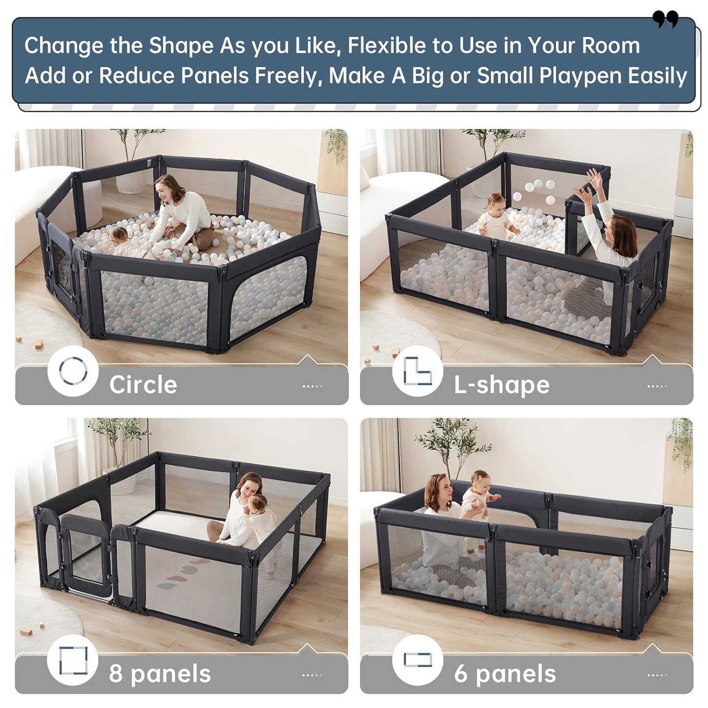 Baby Playpen,Large Play Pen for Babies and Toddlers with Door 79x71 Inch, Adjustable Playpen Non-Slip Suction Cups Base Safe and Sturdy, Indoor Outdoor Playard,Black