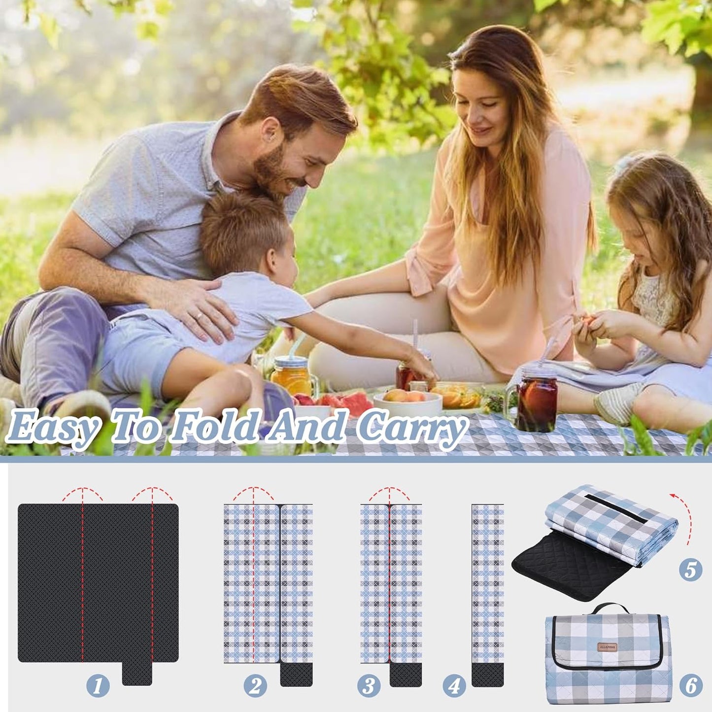 Extra Large Picnic Blanket 80''x 80'' Waterproof Foldable Picnic Mat for Beach, 5-Layer Outdoor Blanket for 6 to 8 Adults,Camping Grass Lawn Park Accessories Couple Park Wedding Registry(Blue Gray)