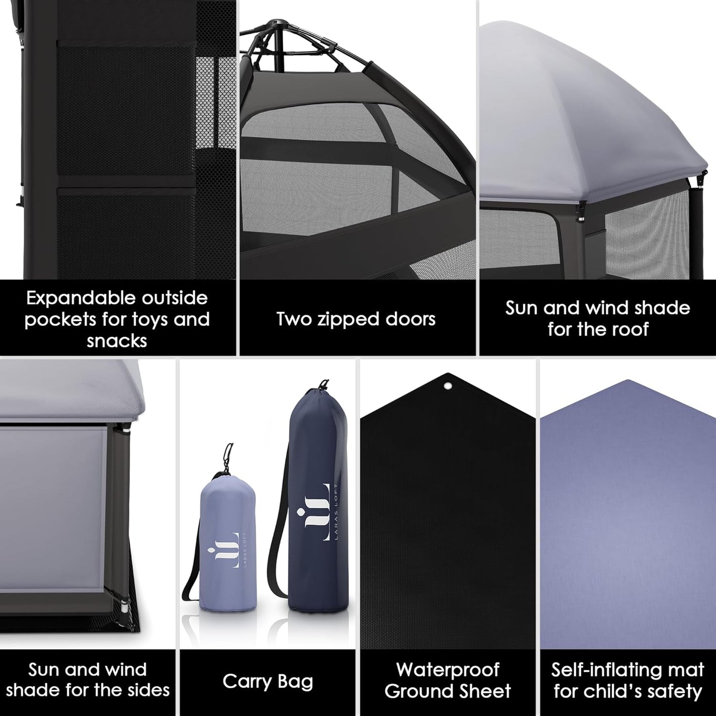 Pop-Up Playpen for Babies & Toddlers Foldable with Canopy (UPF 50), Self-Inflating Playmat, Wind Shade & Carry Bag Durable Baby Beach Tent, Outdoor