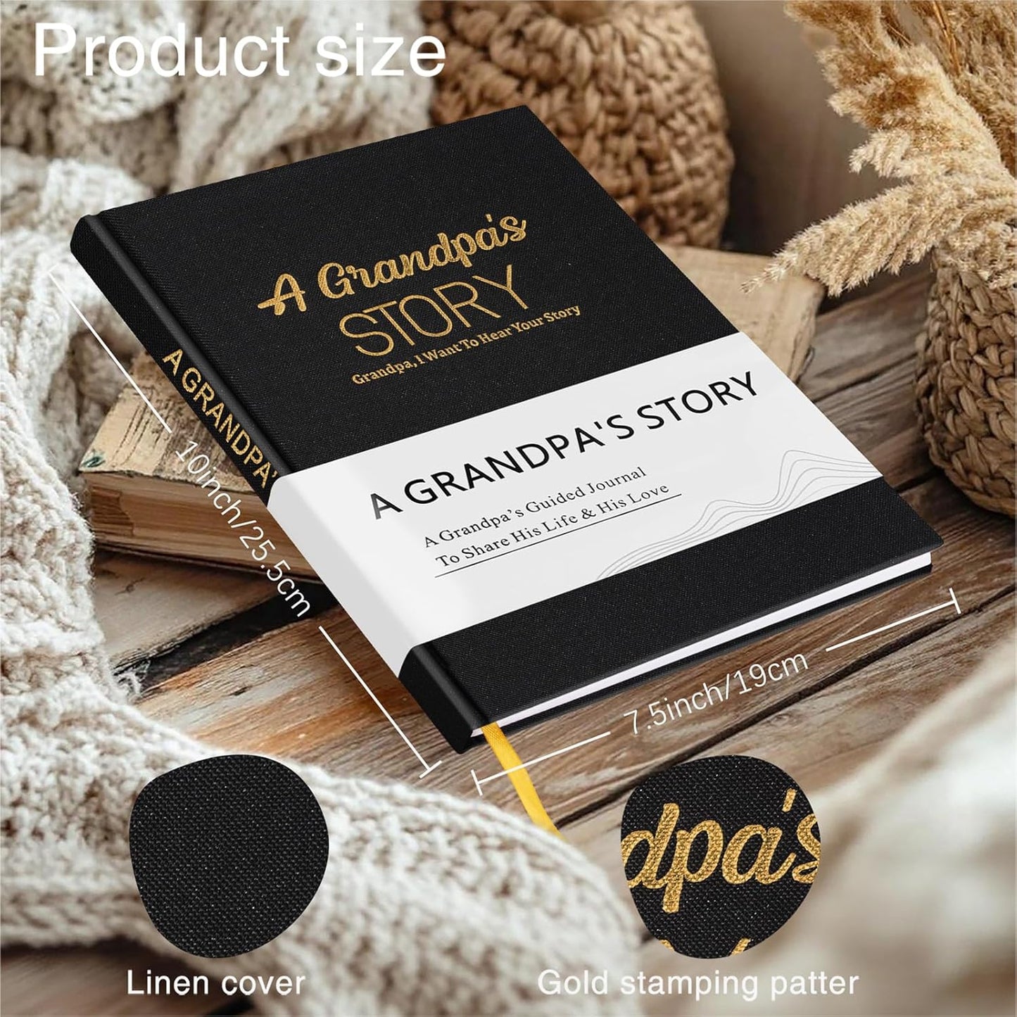 Artmag Grandpa's Life Story Journal Family Keepsake Book Linen Hardcover for Grandpa to Share His Memories, with 250+ Prompt Questions Gift for Birthday Father's Day Christmas (Black)