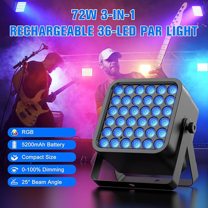 Rechargeable Par Can Lights, 72W RGB 5200mAh Uplights Battery Powered Stage Light, Wireless DJ Lights Sound Activated with Remote & DMX Control for Festivals, Weddings, Bars, Churches, DJ (20 Packs)
