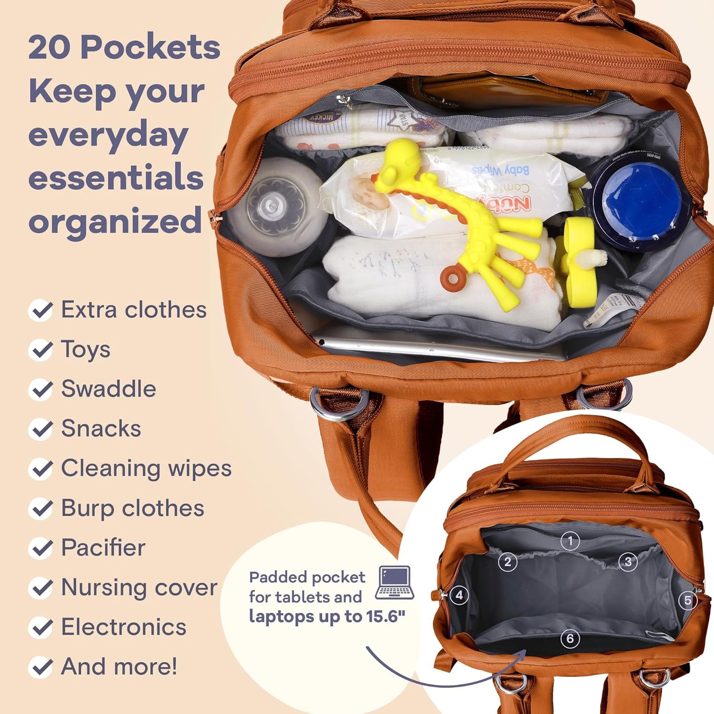 RUVALINO Diaper Bag Backpack-Multifunction Baby Travel Bag with Changing Pad, Insulated Bottle Holders & Pacifier Case, Large Capacity, Waterproof, Maple Orange
