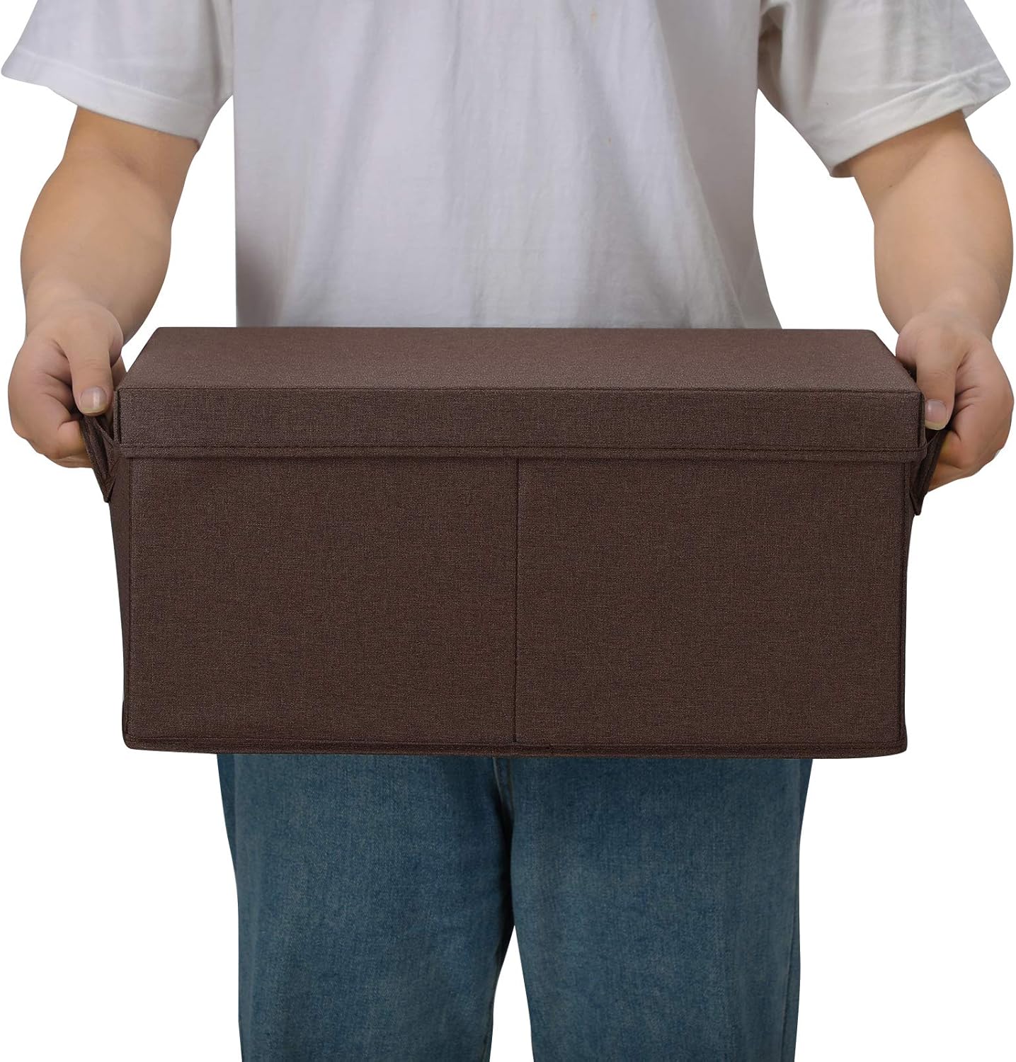 HOONEX Linen Foldable Storage Bins with Lids, 2 Pack, Storage Boxes with Carrying Handles and Sturdy Heavy Cardboard, 16.5" L x 11.8" W x 7.5" H for Shoes, Clothes, Brown