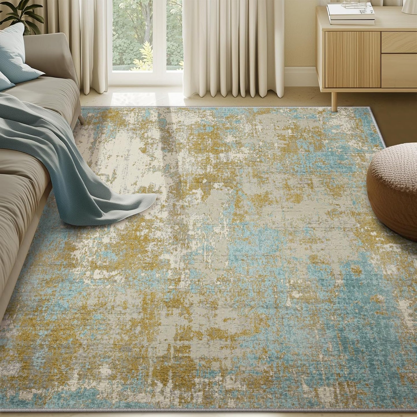 Washable Area Rugs 6'x9' Non-Slip Modern Abstract Soft for Living Room Entryway Bedroom Nursery, Print Pattern, Teal Blue Taupe