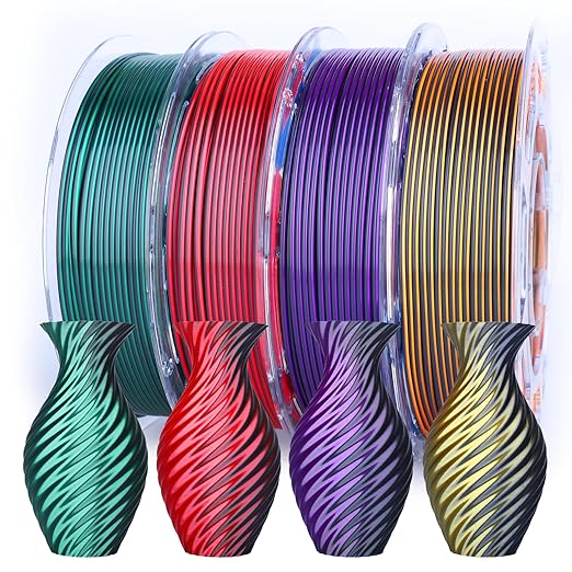 3D Printer Filament Bundle, Silk PLA Filament 1.75mm, Dual Color Filament 200gX 4 Spools Silk Filament Bundle Multicolor