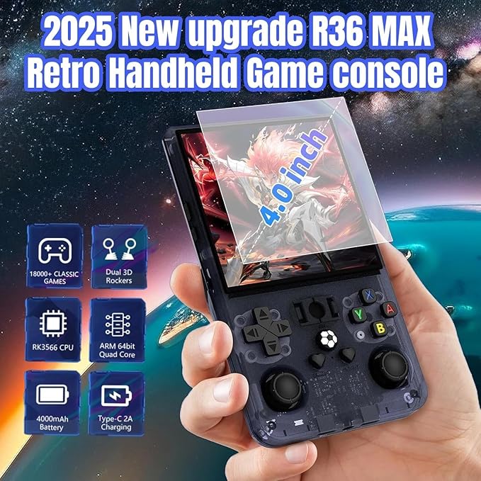 R36MAX Retro Handheld Game Console - 64GB Preloaded Classic Video Games, Support 30+ Simulators, Linux-Powered Portable Game Emulator Console with 4.0-in HD IPS Screen (Black)