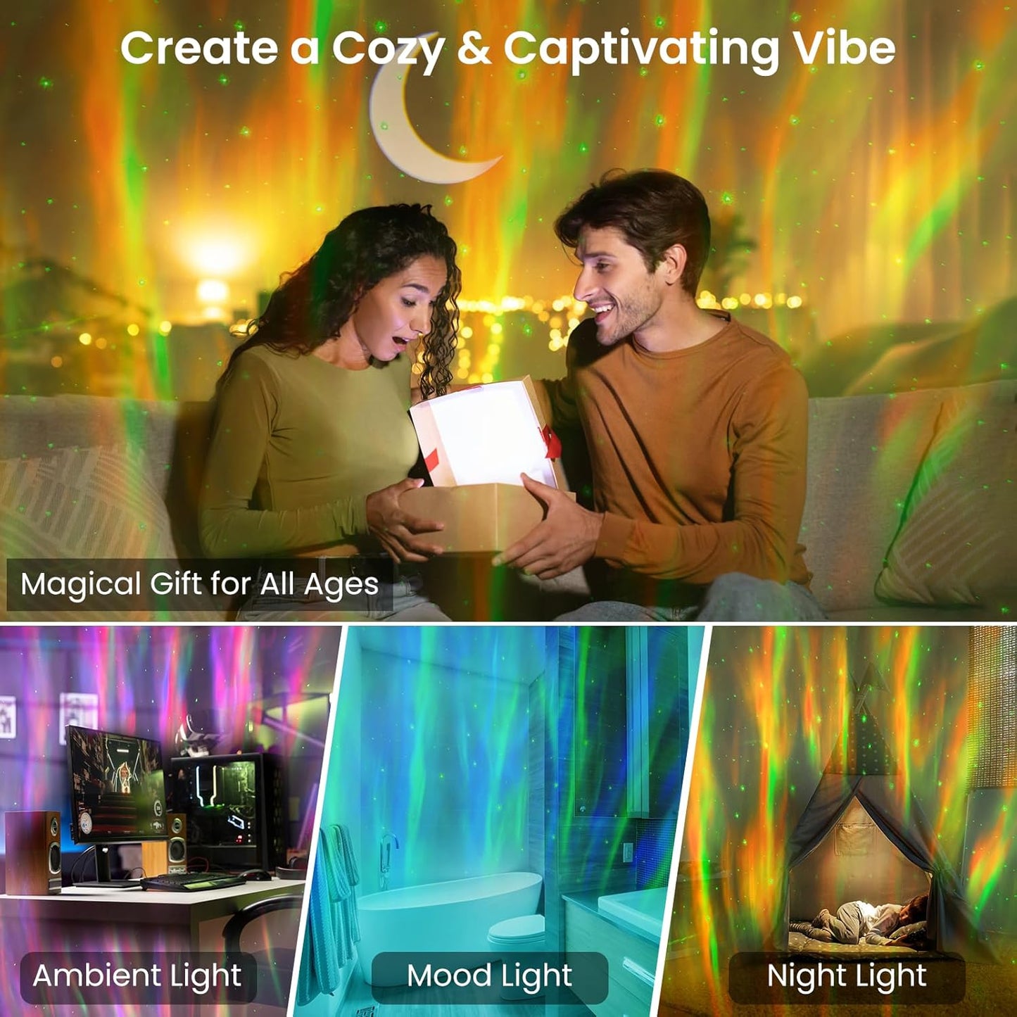 Galaxy Projector with Bluetooth Speaker, Night Light Star Projector for Bedroom, 8 Modes Northern Lights Aurora Projector with Moon, Mood Ambient Lighting for Kids Adults Room, Cord Powered