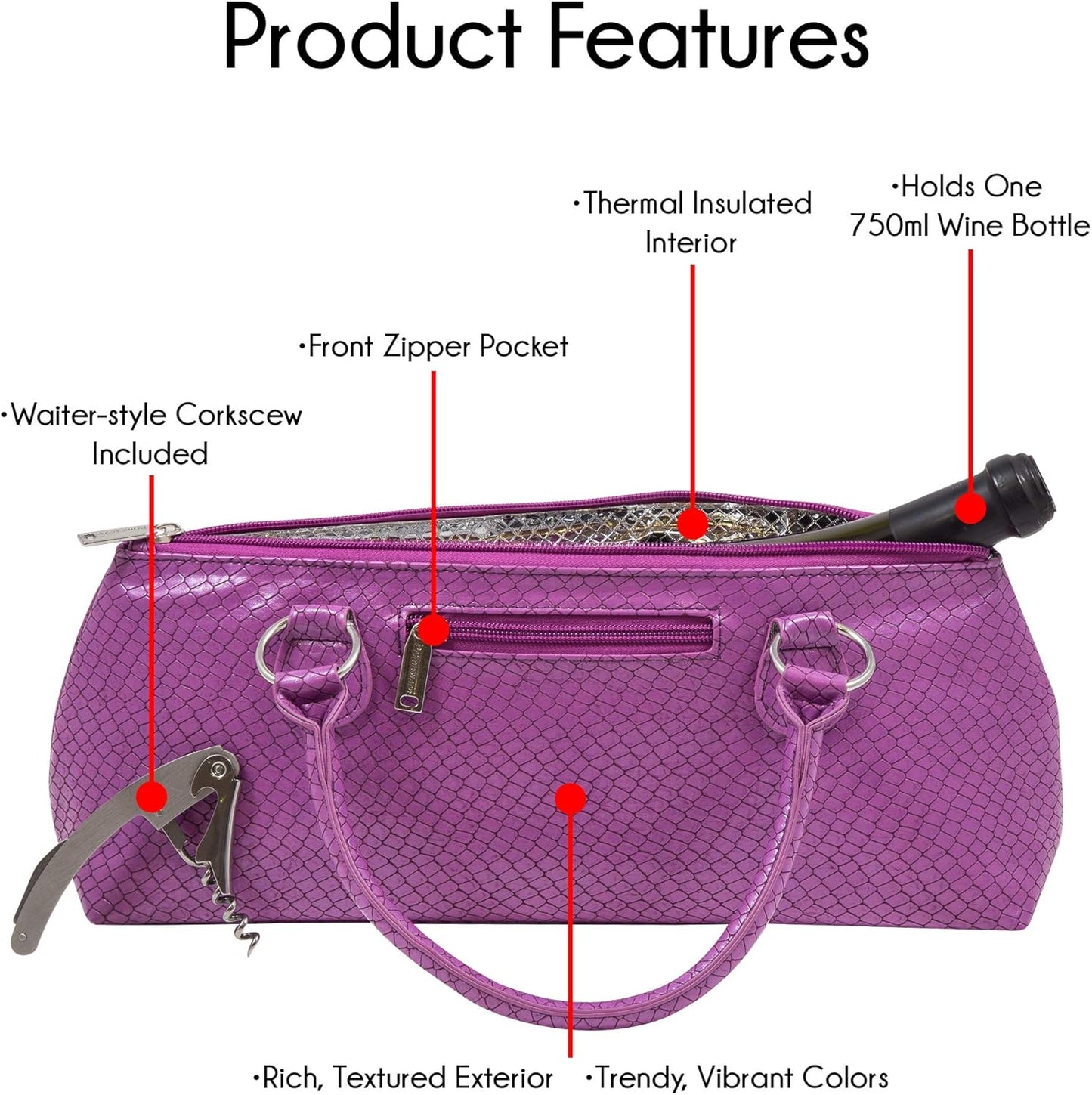 Wine Clutch Bag (Thermal Insulated) Trendy Women’s Carry Tote | Holds Red & White 750mL Bottles | Trendy Fashion | Incl. Portable Waiter-Style Corkscrew (Lavender Burmese)