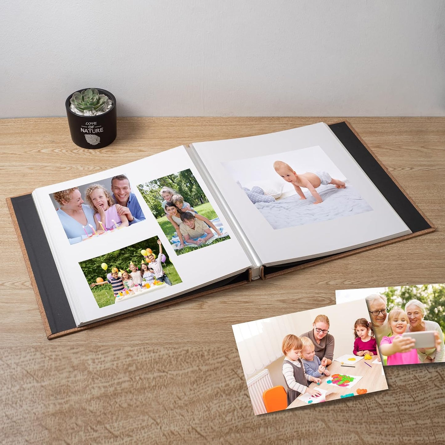 Large Photo Album Self Adhesive Scrapbook Album for 4×6 8×10 Pictures DIY Magnetic Linen Cover Album 60 Pages for Family Wedding Gifts with Metal Pen and Plastic Board