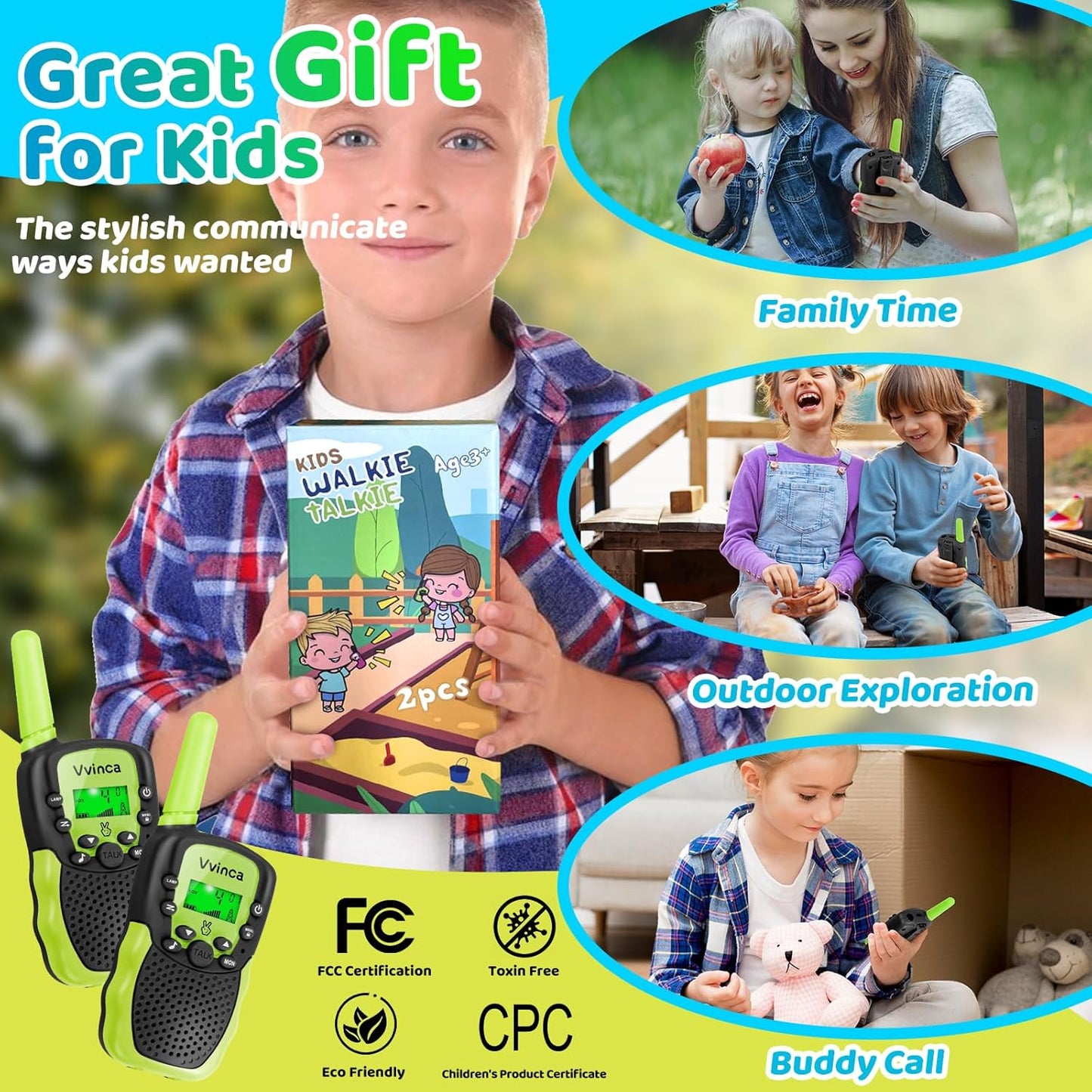 Vvinca Walkie Talkies for Kids, Rechargeable Toys for Ages 3 4 5-7 8-12 Year Old Boys Girls with Flashlight 22CH 2 Way Radio, 3 KM Long Range Walkie Talkie for Adventure Game Camping