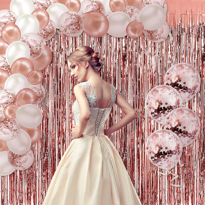 5 Pack Rose Gold Fringe Backdrop 3.2ft x 8.2ft Foil Curtain Tinsel Fringe Curtains for Birthday Party Decoration Wedding Christmas Decoration