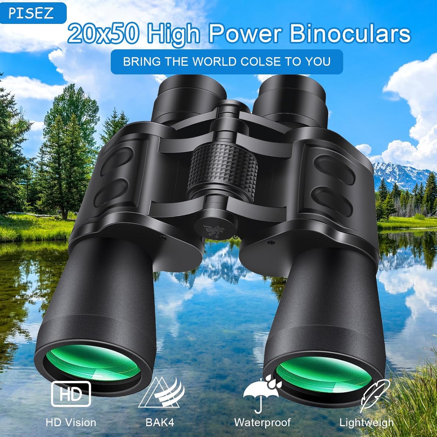 PISEZ 20X50 Binoculars for Adults High Powered with Low Light Vision，Compact Large View Waterproof Binoculars for Bird Watching Hunting Concert Traveling Theater Opera Sightseeing