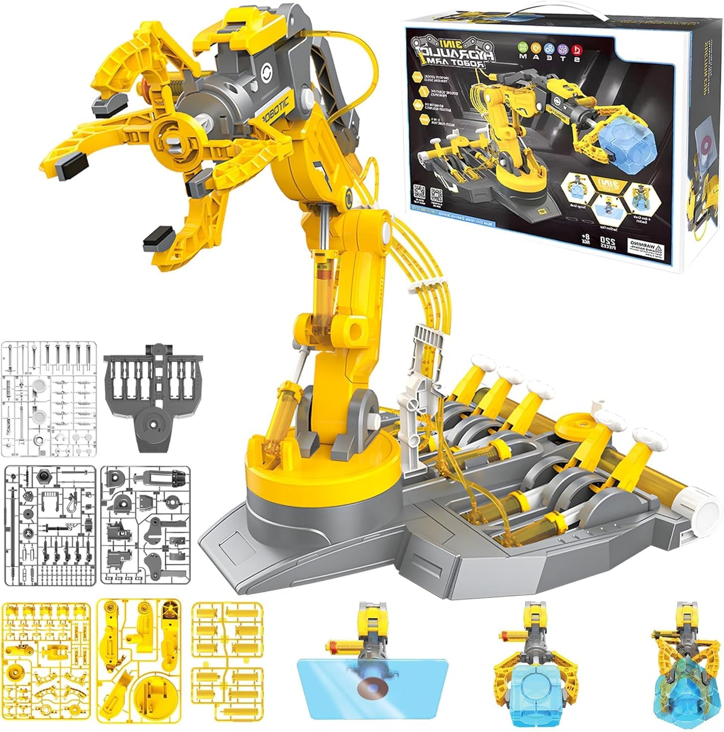 SMIESSKIDDO 3 in 1 Hydraulic Robot Arm - 220 Pcs STEM Building Toys with 4-Jaw Grab, Suction & Tongs for Kids 8-12 | No Batteries Needed Engineering Gift for Boys & Girls Ages 9 10 11