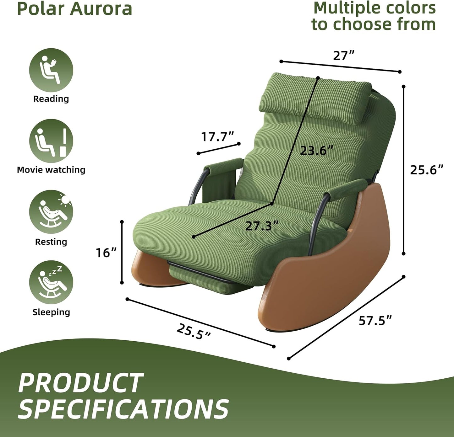 Polar Aurora Nursery Rocking Chairs with Soft Seat and Headrest,Corduroy Fabric Accent Chair with Side Pocket,Glider Rocking Chair for Bedroom/Living Room/Nursery. (Green/Brown)
