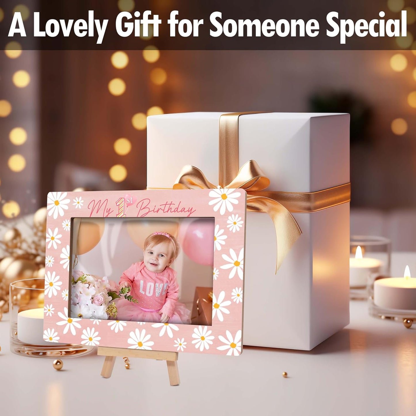 My 1st Birthday Picture Frames, Daisy Wooden 4x6 Photo Frame with Easel, Baby First Year Birthday Gifts for Home Office Tabletop Display Decorations - G01