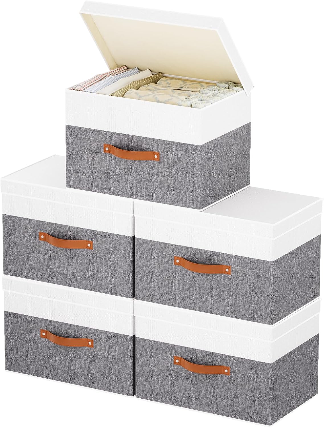 Fabric Storage Boxes with Lids, Linen Foldable Cloth Baskets, 17.7 x 11.8 x 11.8 Inch Closet Organizer Containers with Double Handles, Sweater Bins for Bedroom, White and Grey, 5 Pack