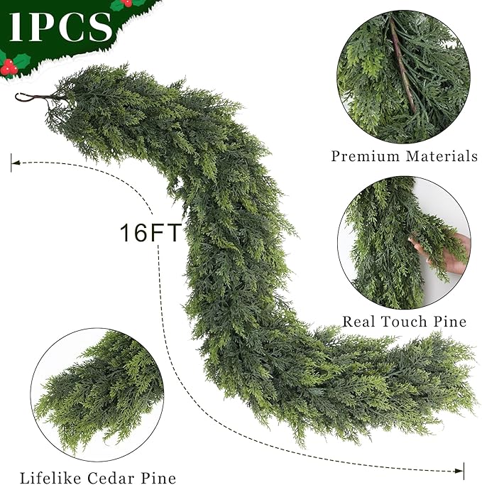 Real Touch Cedar Garland - Artificial Christmas Garlands Faux Green Cedar Fake Pine Needles Garland for Fireplace,Table, Stairs, Mantle, Window,Indoor Outdoor,Home,Holiday Decor(1 PCS,16 FT)