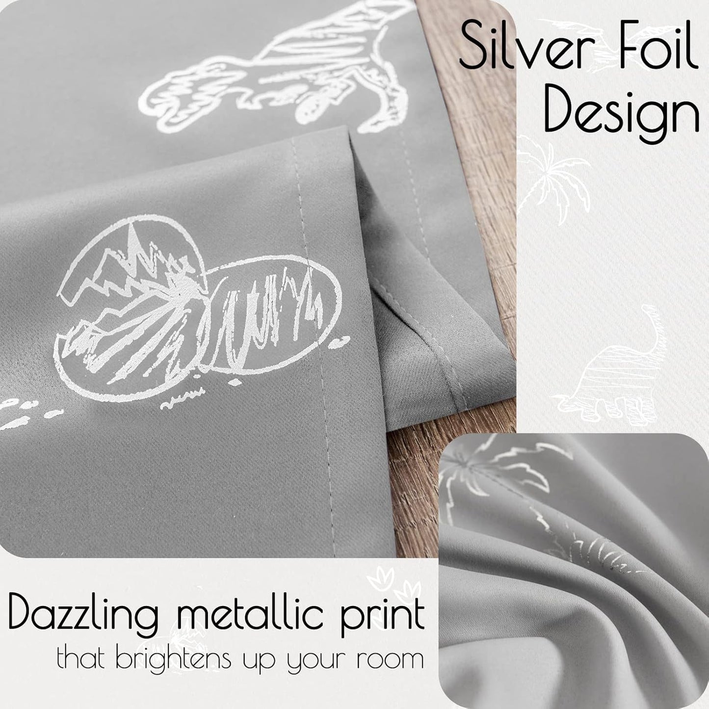 Vangao Kids Curtains Grey Blackout Dinosaur Curtains for Boys Kids Nursery Girls Room Silver Dino Foil Print Thermal Insulated Drapes Grommet Top Window Treatments 84 Inches Length 2 Panels