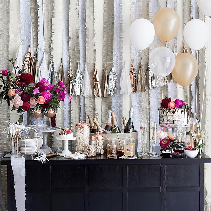 PartyWoo Crepe Paper Streamers 4 Rolls 328ft, Pack of Silver Foil Party Streamers, Party Streamers for Birthday Party Decorations, New Year's Eve Decorations, Wedding Decorations (1.8 In x 82 Ft/Roll)