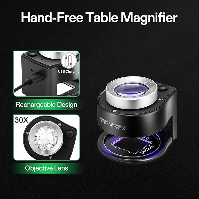 VIVOSUN 30X Rechargeable Loupe Magnifier with White LED Light and UV Light, Portable Magnifying Glass with Optical Glass Lens & Scale for Jewelry, Textile, Gems, Stamps, Coins and Plants