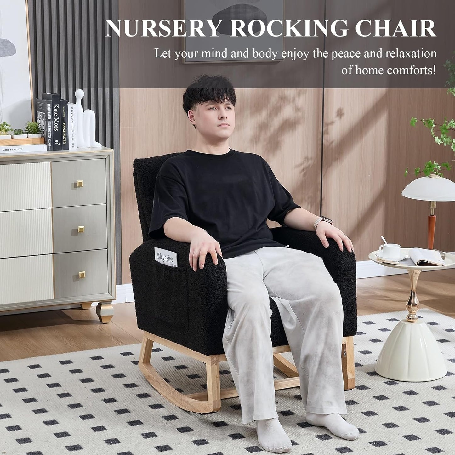 NIOIIKIT Nursery Rocking Chair, Teddy Upholstered Glider Chair with Side Pocket, Glider Rocker Chair with Tufted Back, Comfy Accent Nursing Chair for Living Room (Black Modern)