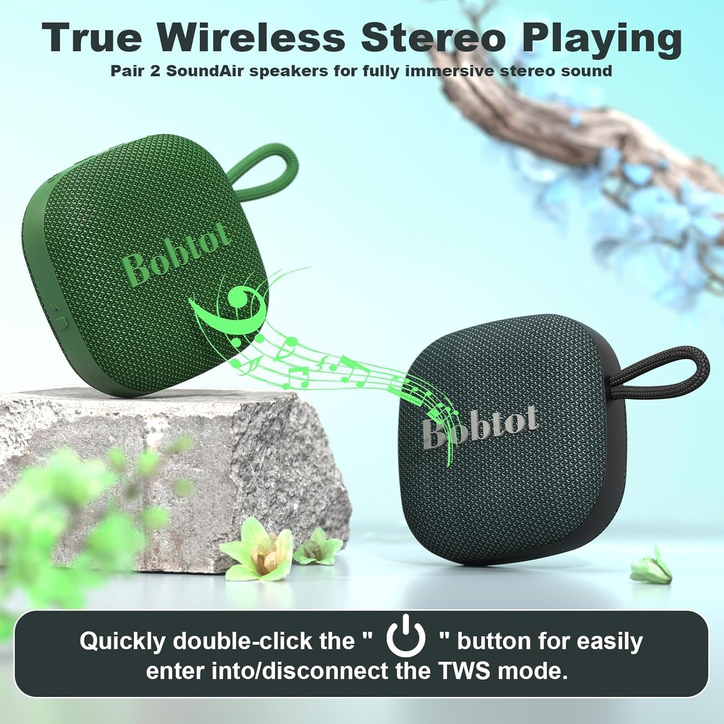 Bobtot Portable Wireless Bluetooth Speaker - IPX7 Waterproof Show Speakers with 16H Playing Time, Loud Stereo Sound, Built-in Mic, TWS, Small Size with Carry Lanyard, DarkBlue