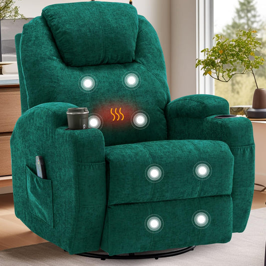 Recliner Chair, Rocking Recliner Chair for Adults with Massage and Heat, Swivel Rocker Recliner with Remote and Cup Holder, Cashmere Manual Recliner for Nursery, Living Room, Green
