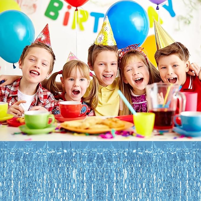 4P Wavy Metallic Tinsel Foil Fringe Table Skirts for Rectangle Tables Backdrop Garland Curtains for Parade Floats Wedding Birthday Parties Decoration Graduation 2025 Christmas (Light Blue)