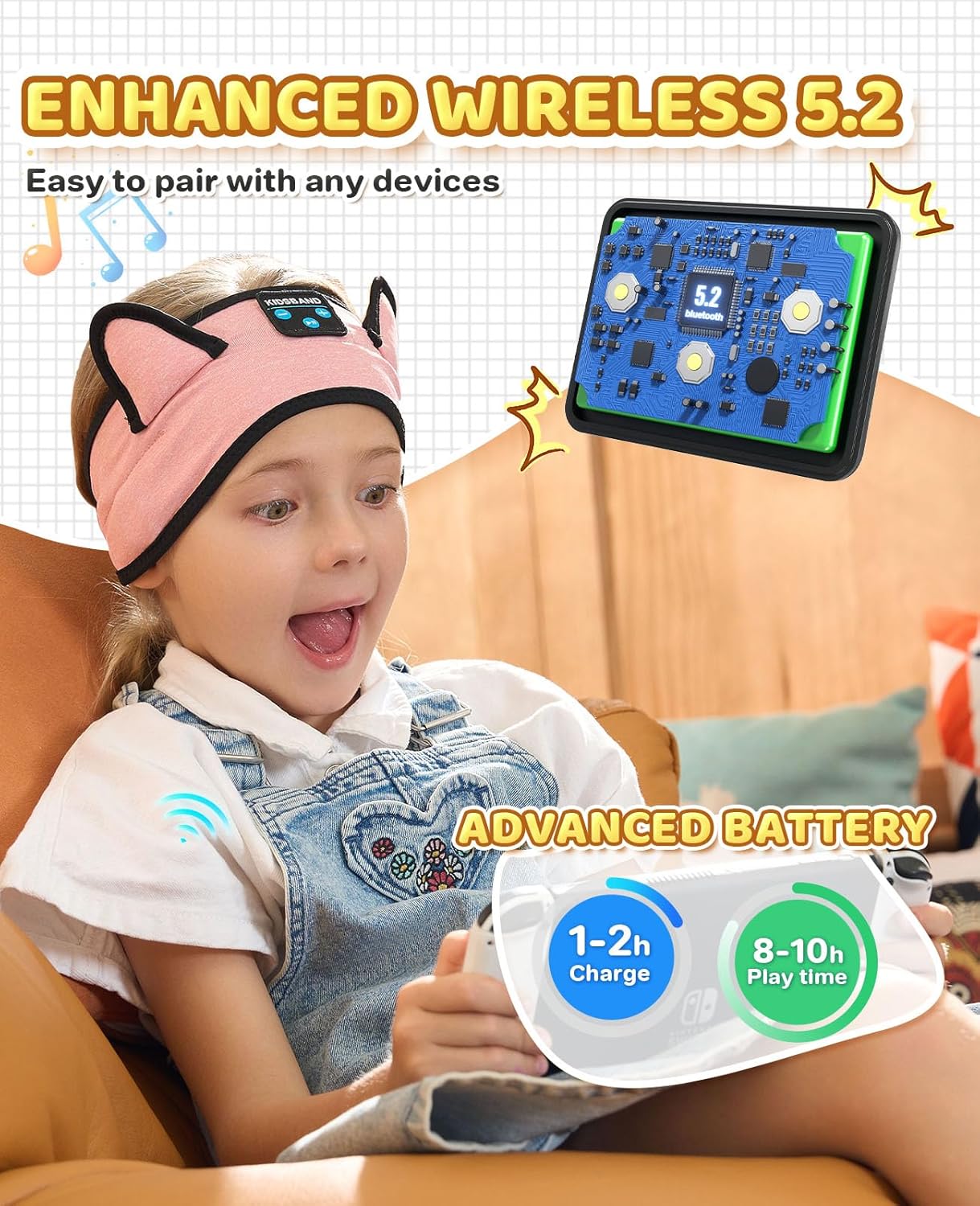 KIDSBAND Kids Headphones, Baby Headphones for Plane, Bluetooth Headphones Headband for Kids with Wired Playback 3.5 MM Jack for School Girls Boys Children,Kindle Tablet Cellphones Airplane Travel