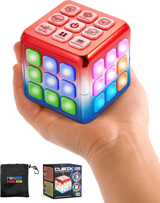 Power Your Fun Cubik LED Flashing Cube Memory Game - Electronic Handheld Game STEM Toy, 5 Brain Memory Games for Kids Brain Play Sensory Toys Puzzle Fidget Toy Light Up Cube (Metallic Red/Blue)