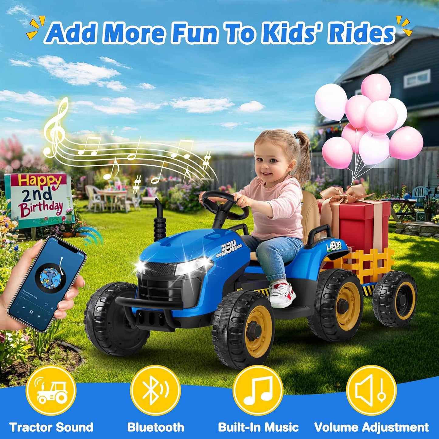 24V Ride On Tractor w/Tiltable & Detachable Trailer, 2x65W Motors, EVA Tires, Remote Control, Bluetooth, Shifter, Music, Electric Car for Kids Ages 2-5, Blue