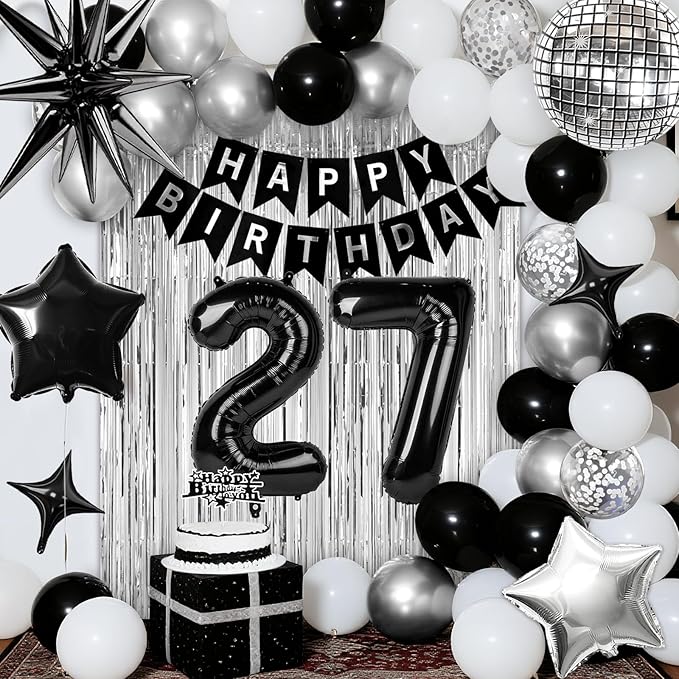 27th Birthday Decorations for Men Women, Black Silver Happy Birthday Party Decorations， 27 Year Old Party Supplies with Number 27 Balloons, Banner, Fringe Curtains Kit