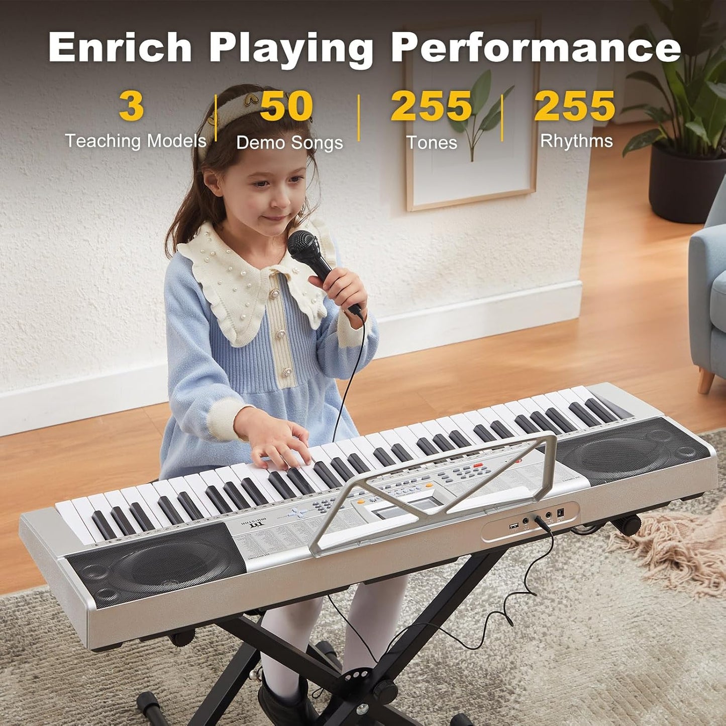 MUSTAR 61 Key Piano Keyboard, MEKS-400 Electric Piano Keyboard with Lighted Up Keys, Learning Keyboards Piano for Beginners, Piano Stand, LCD Screen, Headphones, Microphone