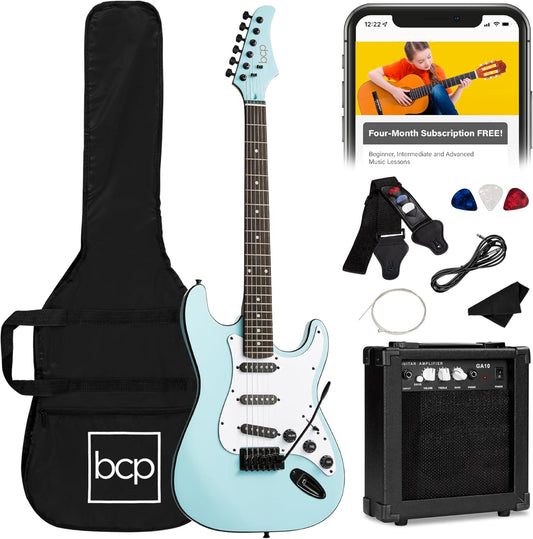 Best Choice Products 39in Full Size Beginner Electric Guitar Starter Kit w/Case, Strap, 11W Amp, Strings, Pick, Tremolo Bar - Powder Blue