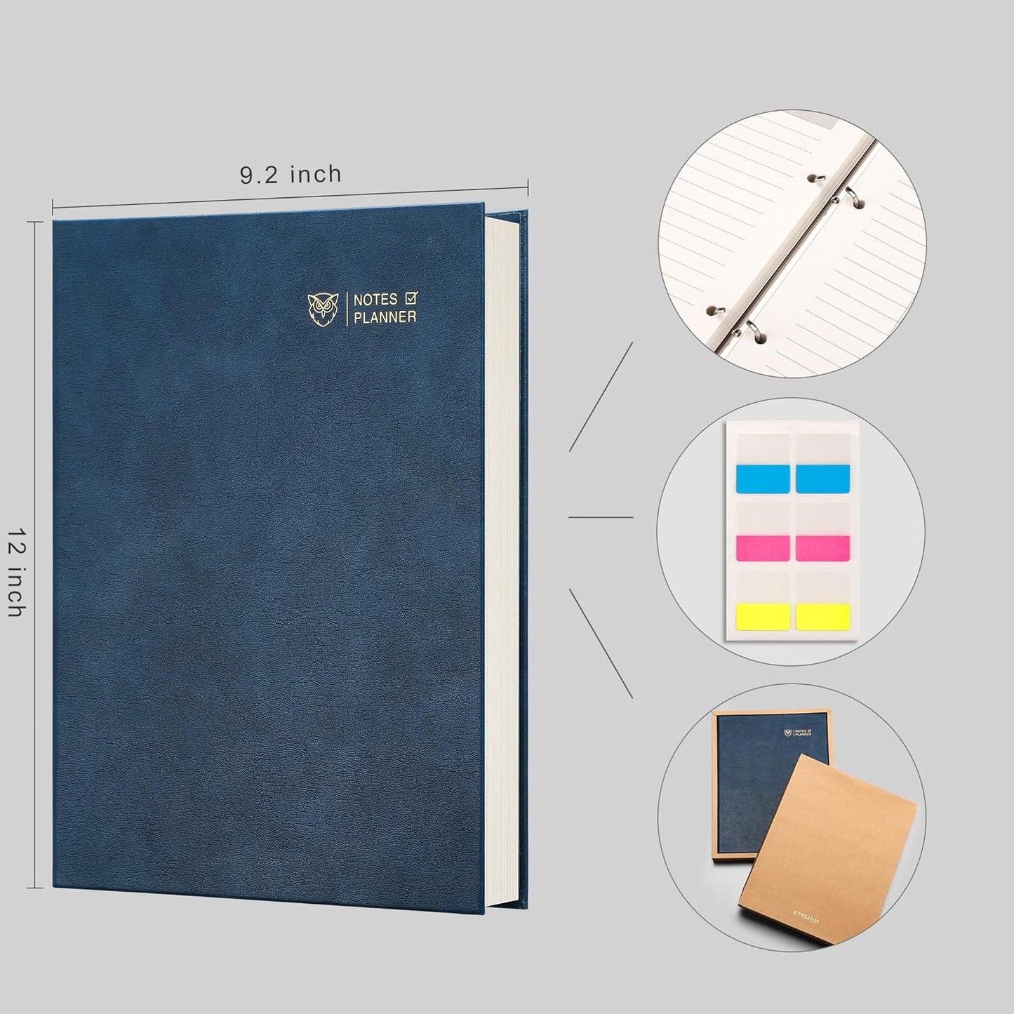 EMSHOI Undated Daily Planner 8.5" X 11", A4 to Do List Notepad, 240 Pages Ring Binder Planner Hardcover Leather Notebook for Work Business Meeting, with Yearly Schedule, Habit Tracker, Blue