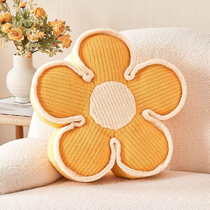 Flower Pillow, Soft Shaped Floor Cushion, Decorative Throw Pillow, Cute Seating Cushion, Plush Pillows for Sofa Couch Bed (13.7 Inch, Yellow)