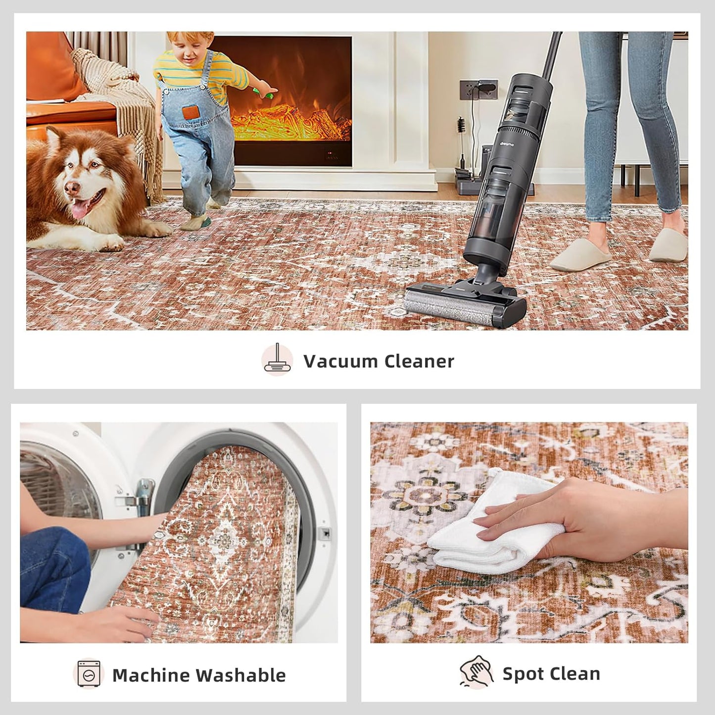 Deerly Large 5x8 Rugs for Dining Room Machine Washable Rugs Boho 5x8 Rug for Living Room Carpet Non-Slip Family & Pet Friendly Area Rugs Print Floor Rug(Border Brick Red 5x8ft)