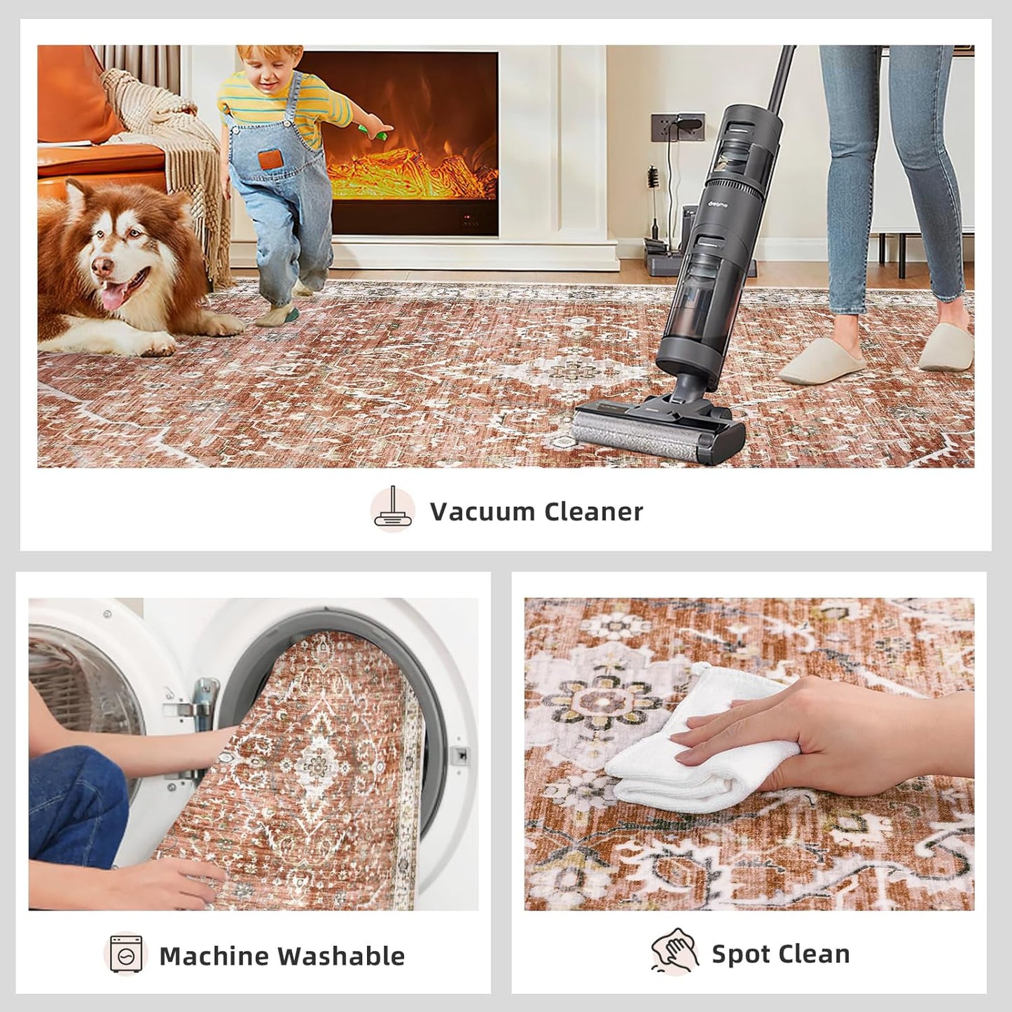 Deerly Boho Rug Runner - 2x7 Washable Kitchen Rugs with Non Slip Backing, Non-Shedding Floral Soft Rug Runners for Hallways Vintage Long Rug for Bathroom(Border Brick Red 2x7ft)