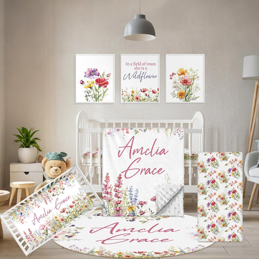 Custom Crib Bedding Set - 5 Pcs Customized Baby Crib Set with Name - Soft Double Layer Flower Nursery Baby Bedding Set for Girls Boys - Personalized for Infants Toddlers