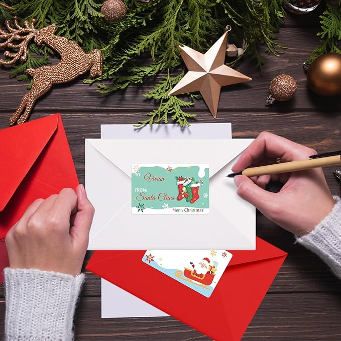 500 PCS Christmas Gift Tags, Self Adhesive Santa Claus Stickers, Festive Holiday Name Labels for Wrapping Paper Presents Decor, 8 Designs