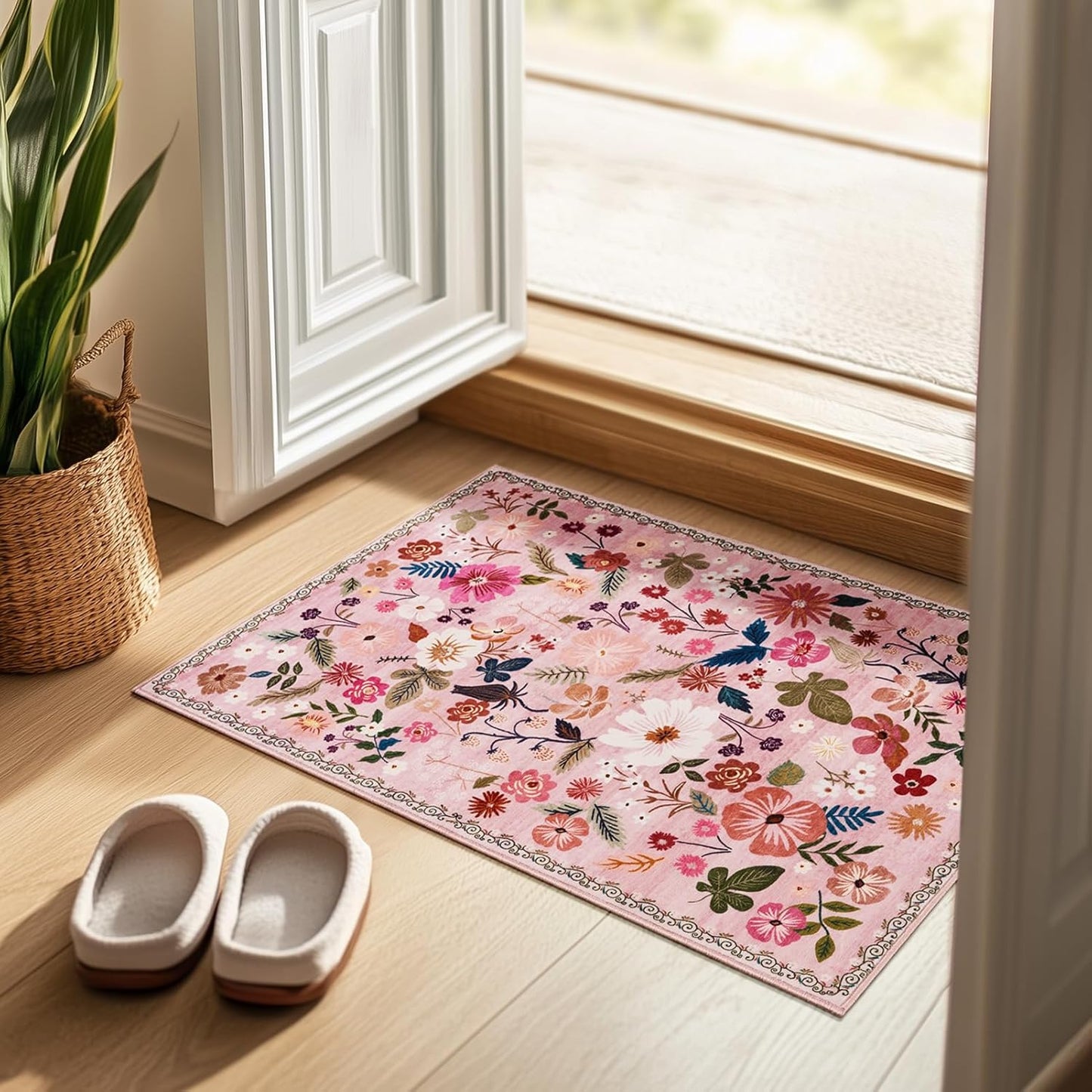 2x3 Washable Entryway Rugs Pink Boho Vintage Floral Pattern Non Slip with Rubber Backing Small Rugs Stain Resistant Faux Fur Low Pile Door Mat for Front Door Kitchen Bedroom Girls Bathroom Laundry