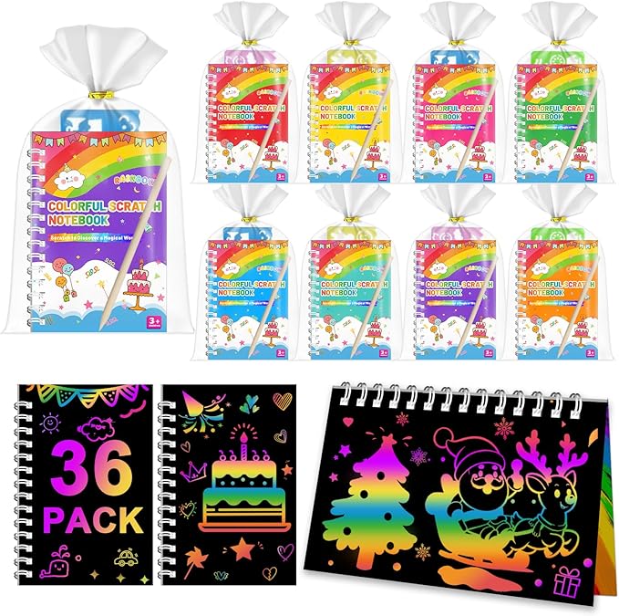 Party Favors for Kids: 36 Pack Scratch Art Notebooks with Rainbow Colors, 2-in-1 Coloring & Scratch Books, Bulk Birthday Gifts, Goodie Bags, Classroom Prizes for Boys & Girls